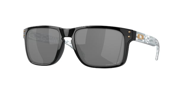 A pair of Oakley Holbrook sunglasses with black frame and lenses, showcasing the side profile of the sunglasses.