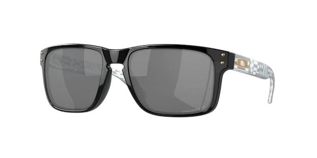 A pair of Oakley Holbrook sunglasses with black frame and lenses, showcasing the side profile of the sunglasses.