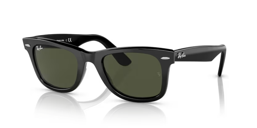 A pair of Ray-Ban Wayfarer sunglasses in black with green lenses.