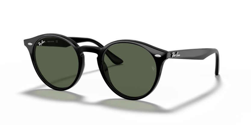 A pair of Ray-Ban sunglasses with black frames and green lenses, indicating the style and color of the replacement parts available.