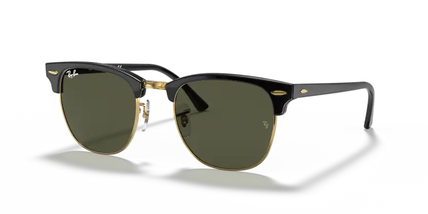 A pair of Ray-Ban Clubmaster sunglasses with black frames and green lenses.