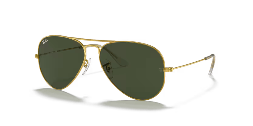 A pair of Ray-Ban sunglasses with green lenses and a gold frame, known for their aviator style.