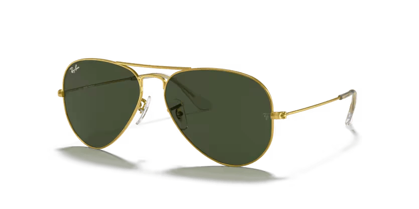 A pair of Ray-Ban sunglasses with green lenses and a gold frame, known for their aviator style.