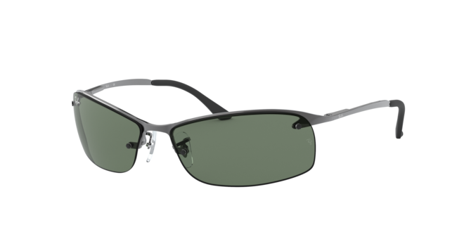 Sunglasses with dark green lenses and thin metal frame on a white background