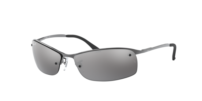 Silver sunglasses with reflective lenses on a white background