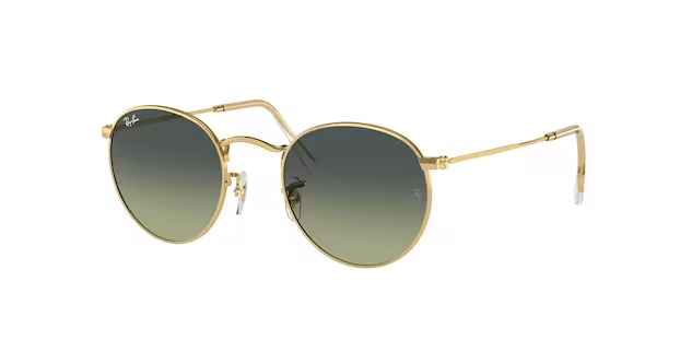 A pair of Ray-Ban round metal sunglasses with gold frames and green gradient lenses.
