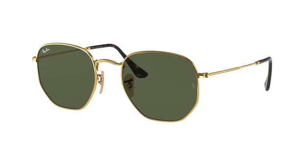 A pair of Ray-Ban hexagonal sunglasses with green lenses and gold frame.