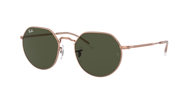 A pair of Ray-Ban Jack RB3565 sunglasses with green lenses and a metallic frame, displayed against a white background.