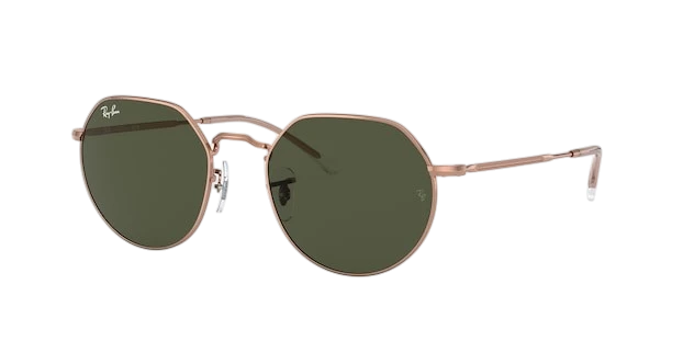 A pair of Ray-Ban Jack RB3565 sunglasses with green lenses and a metallic frame, displayed against a white background.