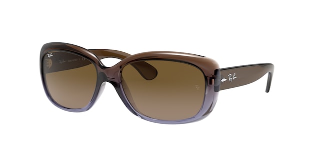 A pair of brown Ray-Ban sunglasses with a plastic frame and metal temples.