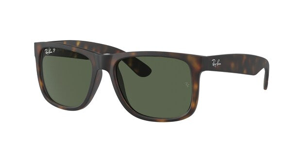 A pair of Ray-Ban Justin sunglasses with a havana brown frame and green lenses.