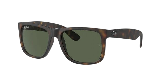 A pair of Ray-Ban Justin sunglasses with a havana brown frame and green lenses.