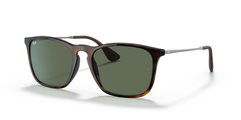 A pair of Ray-Ban Chris RB4187 sunglasses with green lenses and a patterned frame, indicating the replacement parts for this model.
