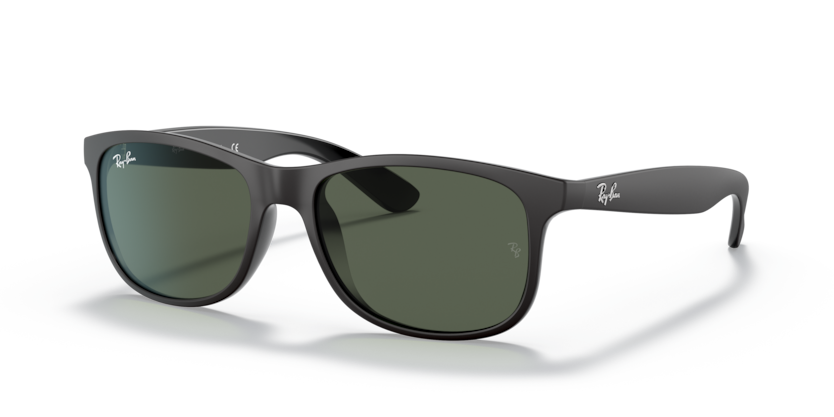 A pair of Ray-Ban sunglasses with green lenses and a black frame, displaying the Ray-Ban logo.