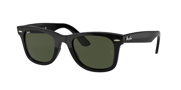 A pair of Ray-Ban Wayfarer sunglasses with black frame and green lenses.