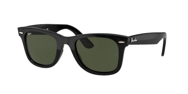 A pair of Ray-Ban Wayfarer sunglasses with black frame and green lenses.