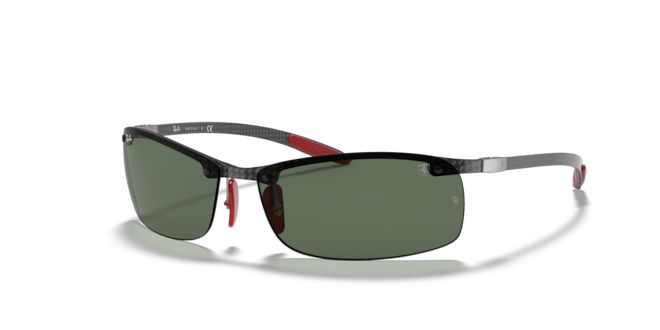 Sunglasses with a red frame on a white background