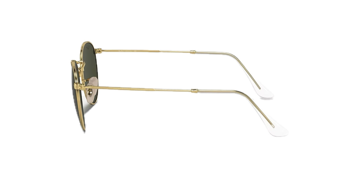 A pair of Rayban RB3447 sunglasses replacement sides, featuring gold metal arms with black accents.