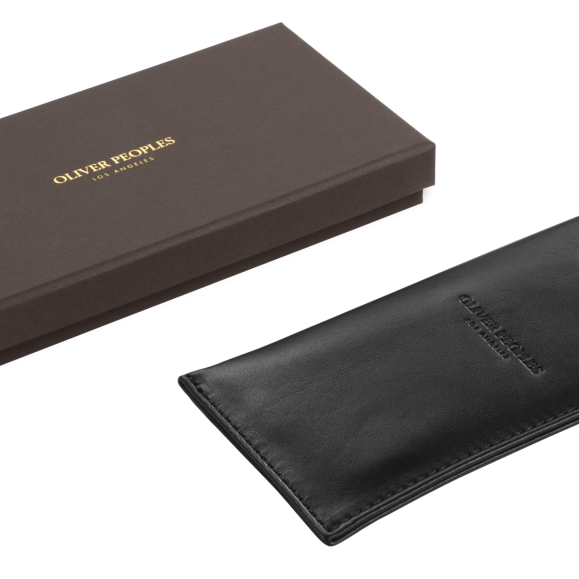 Oliver Peoples black leather glasses pouch with presentation box
