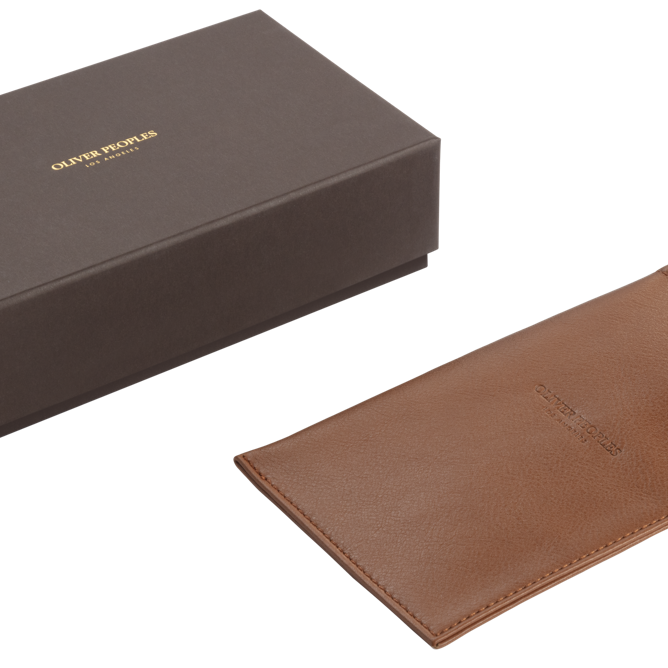 Oliver Peoples large cognac leather glasses pouch with presentation box