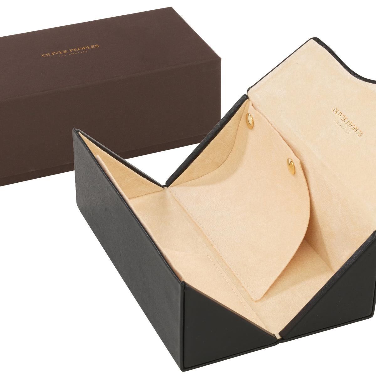 Oliver Peoples Excalibur black leather case with cream suede lining