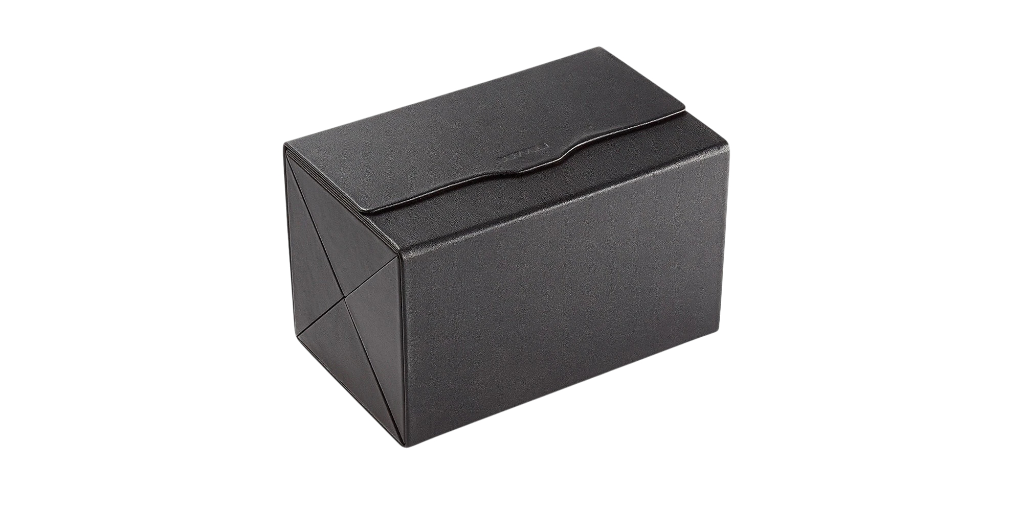 Black rectangular box with a brand logo on a white background