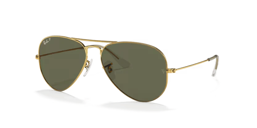 A pair of Ray-Ban sunglasses with green lenses and a gold frame, known for their aviator style.