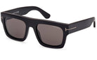 Black sunglasses with a brand logo on a white background