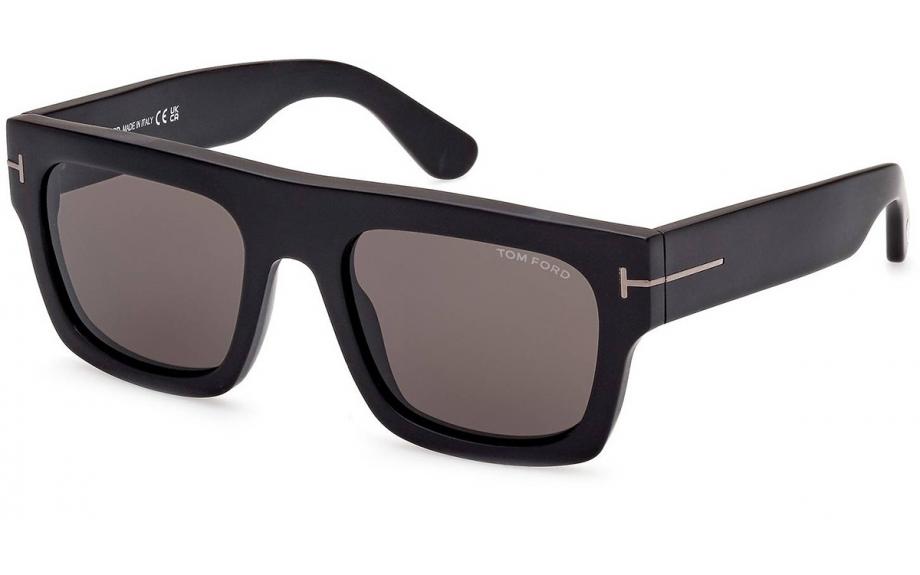 Black sunglasses with a brand logo on a white background