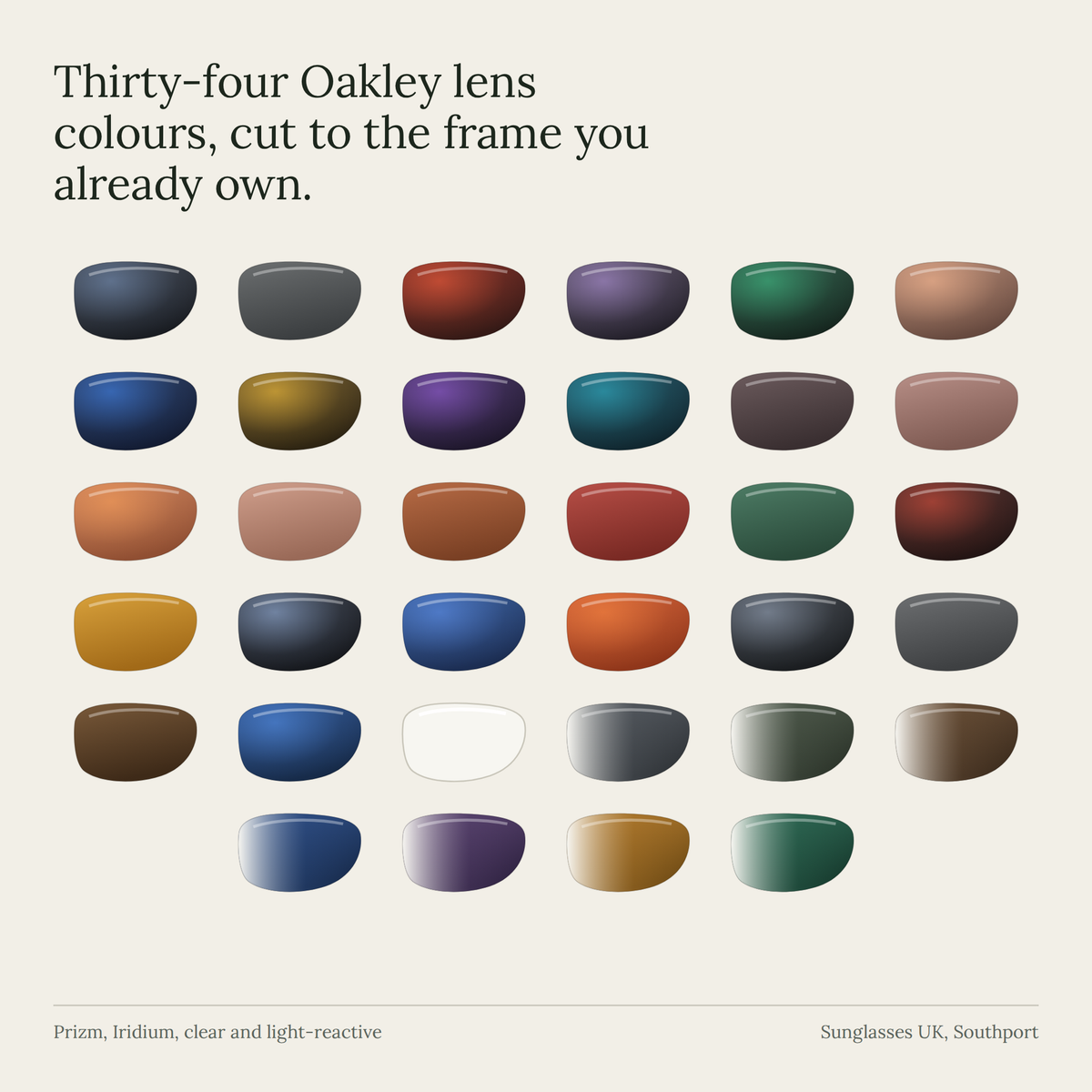Thirty-four Oakley prescription lens colours, laid out in a grid