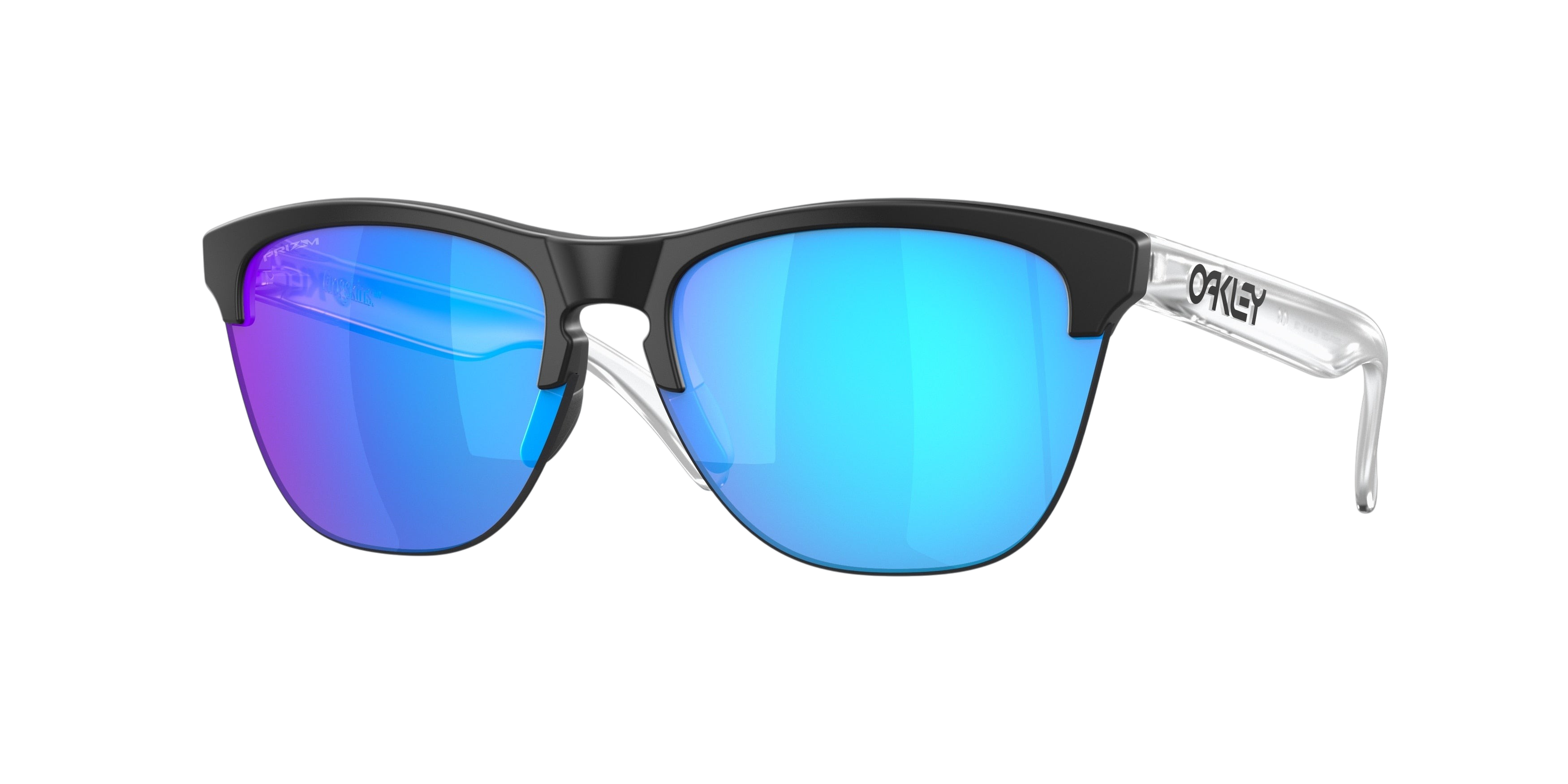 Sunglasses UK Oakley Frogskins Lite sunglasses with black frame, clear temples, and blue Prizm reflective lenses.