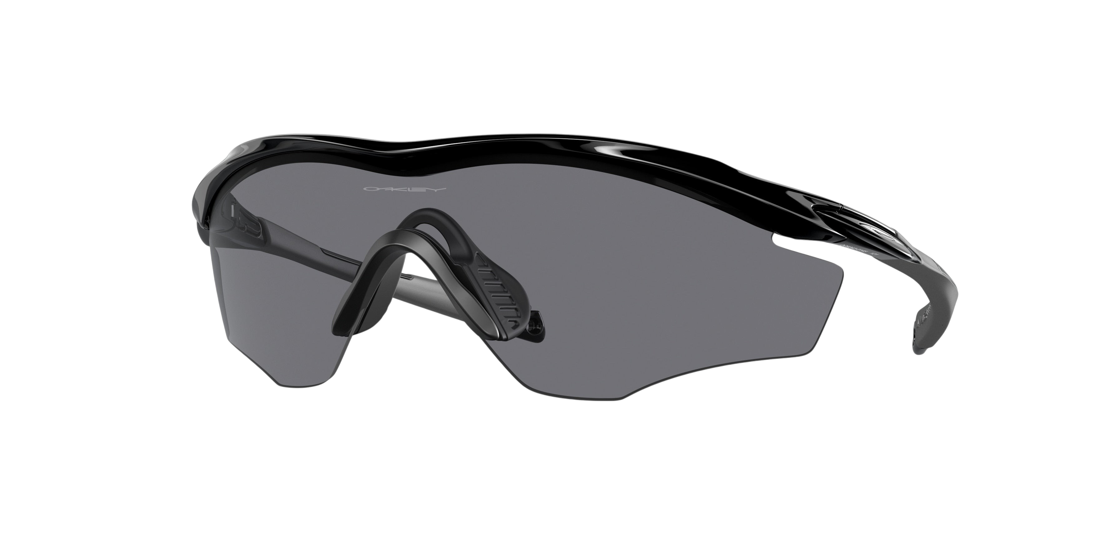 Sunglasses UK Oakley M2 Frame XL sunglasses with a glossy black frame and grey lens on a white background