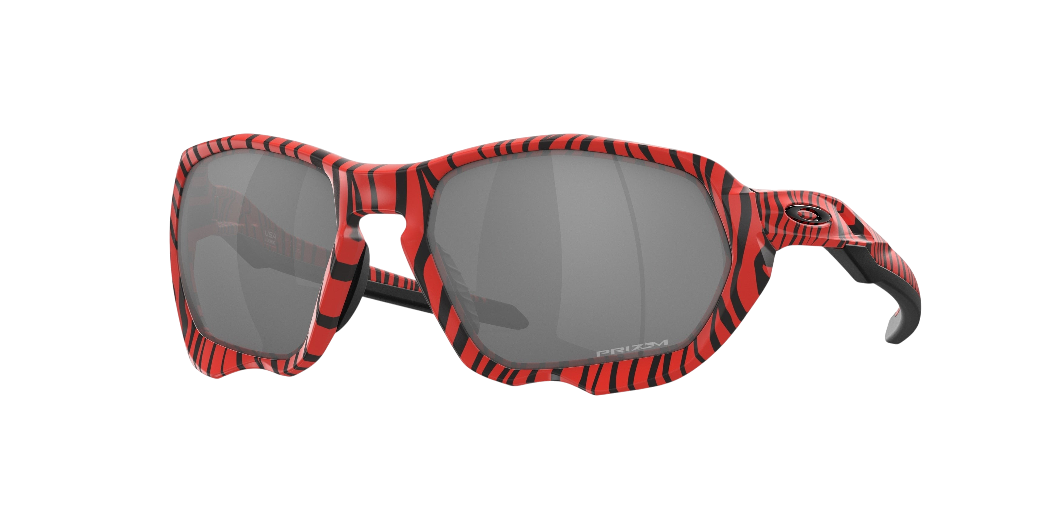 Sunglasses UK Oakley Plazma sunglasses featuring a bold red and black tiger stripe frame with grey Prizm lenses