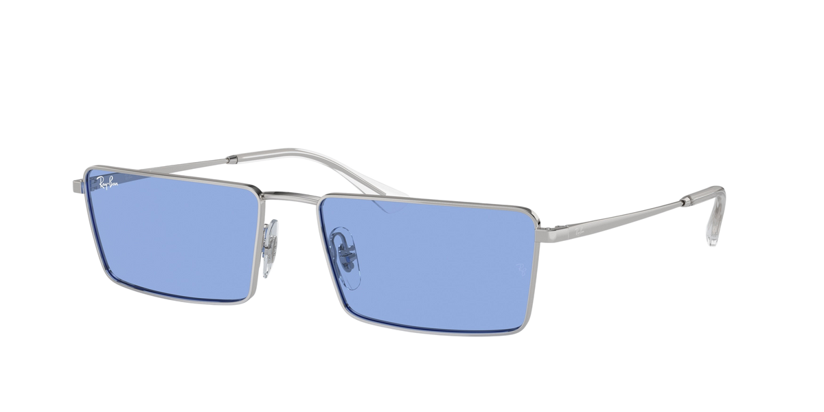 Sunglasses UK Ray-Ban Emy RB3741 sunglasses with silver metal frames and blue rectangular lenses