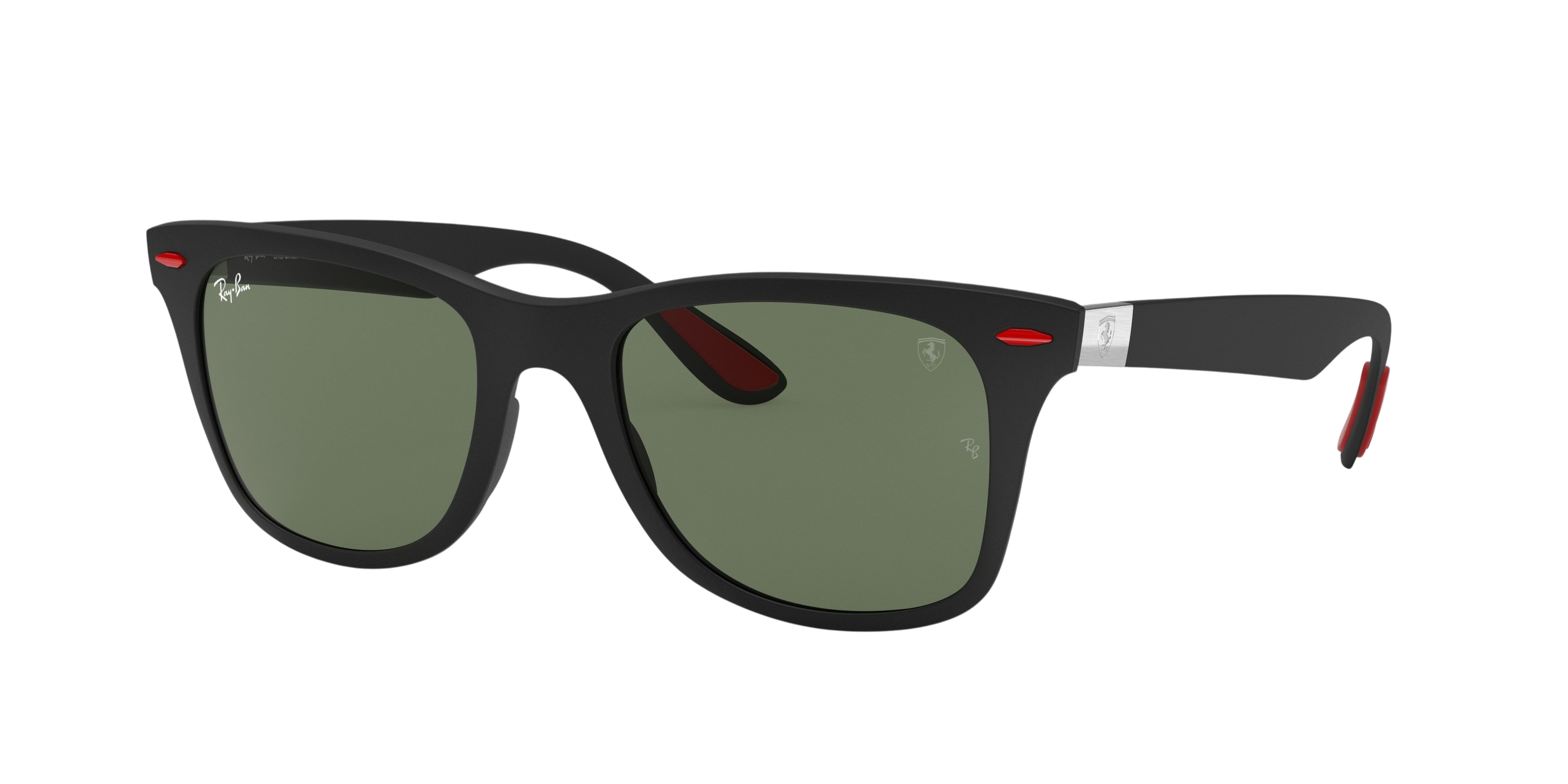 Sunglasses UK Ray-Ban Ferrari RB4195M sunglasses with matte black frames, green lenses, and red temple accents.