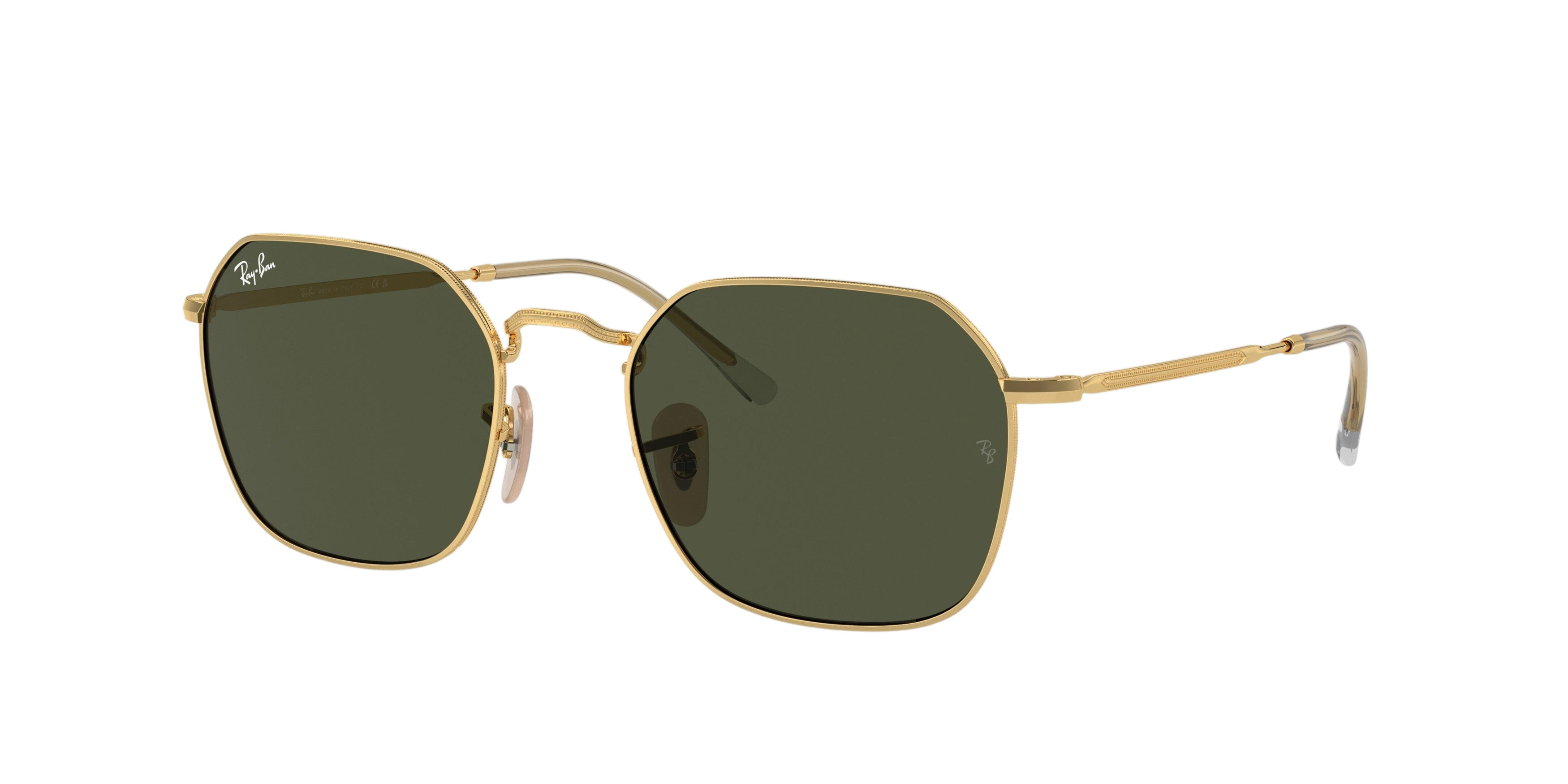 Sunglasses UK Ray-Ban Jim RB3694 sunglasses with gold metal frames and green lenses on a white background