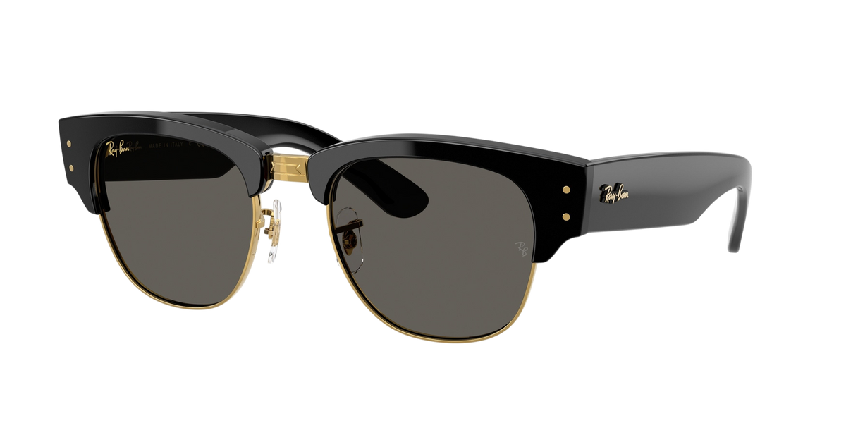 Sunglasses UK Ray-Ban Mega Clubmaster RB0316S sunglasses with black frames and gold accents on a white background
