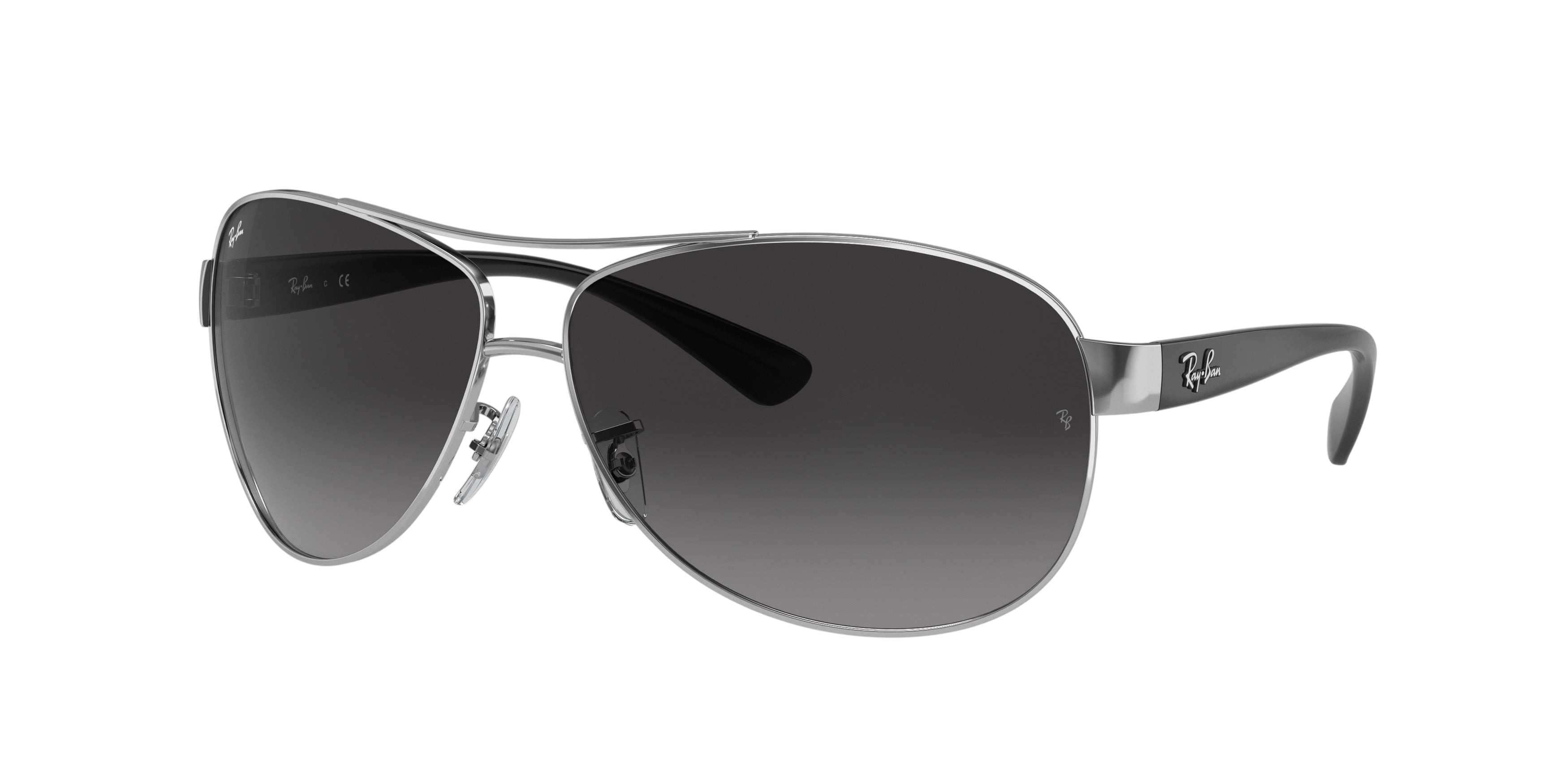 Sunglasses UK Ray-Ban RB3386 sunglasses with silver metal frames and dark grey gradient lenses