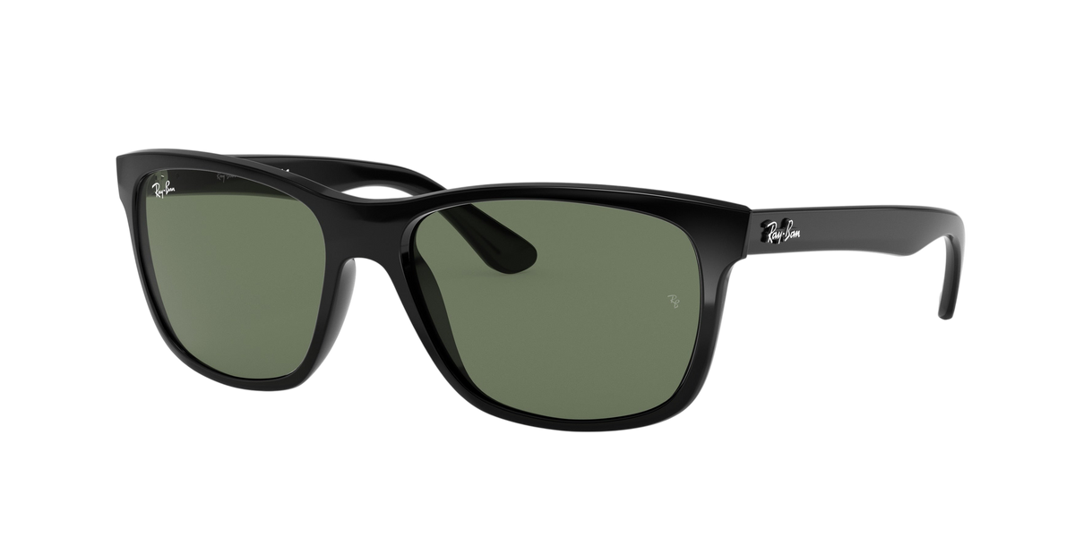 Sunglasses UK Ray-Ban RB4181 black sunglasses with green lenses, featuring iconic logo on the temple
