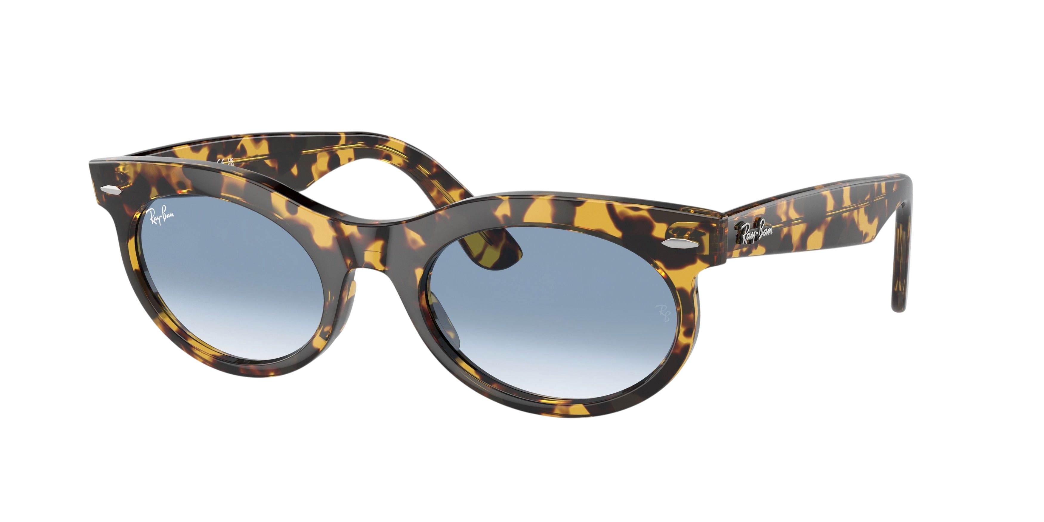 Sunglasses UK Ray-Ban Wayfarer Oval RB2242 sunglasses with a classic tortoiseshell frame and blue gradient lenses.