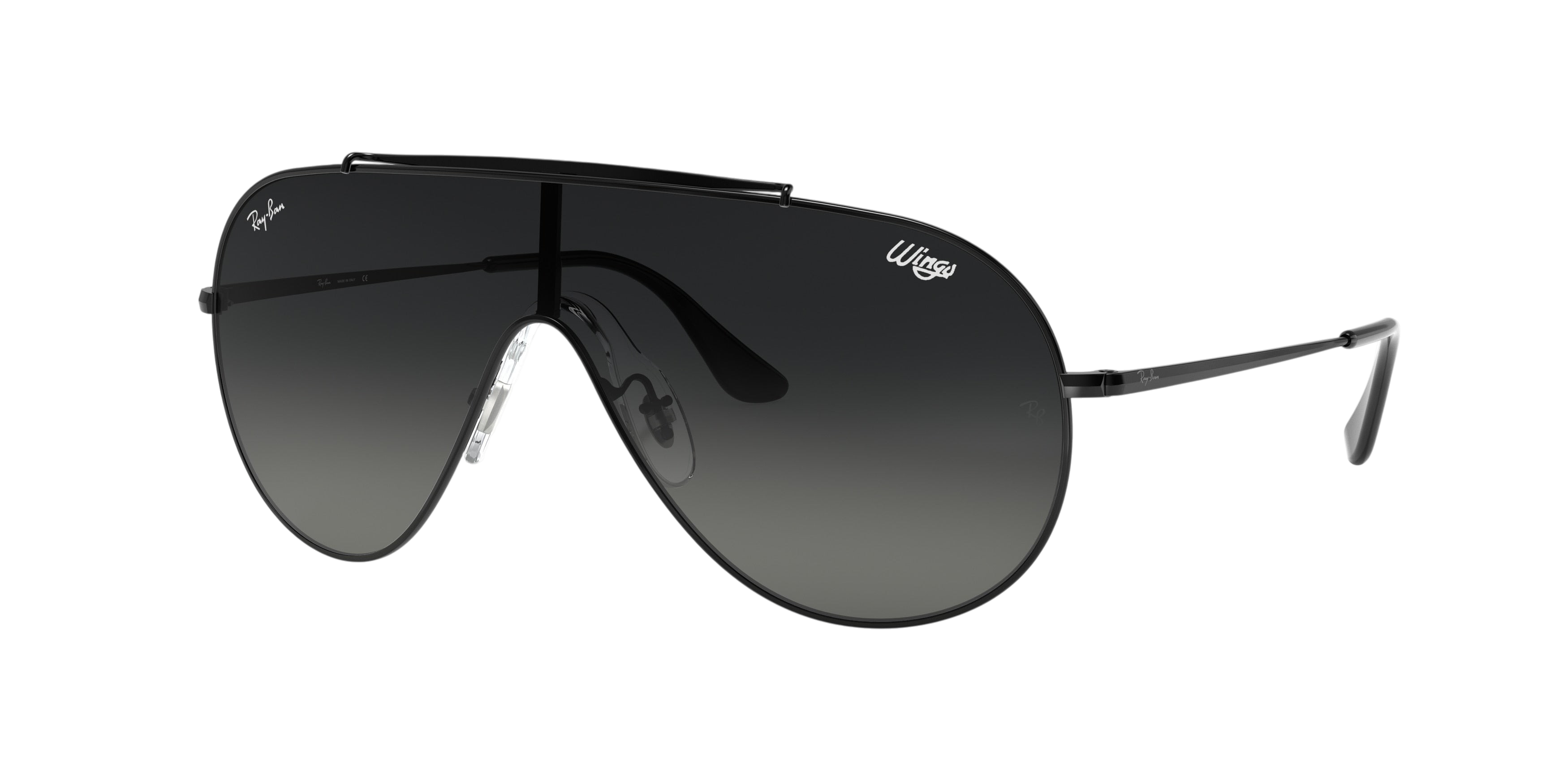 Sunglasses UK Ray-Ban Wings RB3597 sunglasses with a black metal frame and dark gradient shield lens