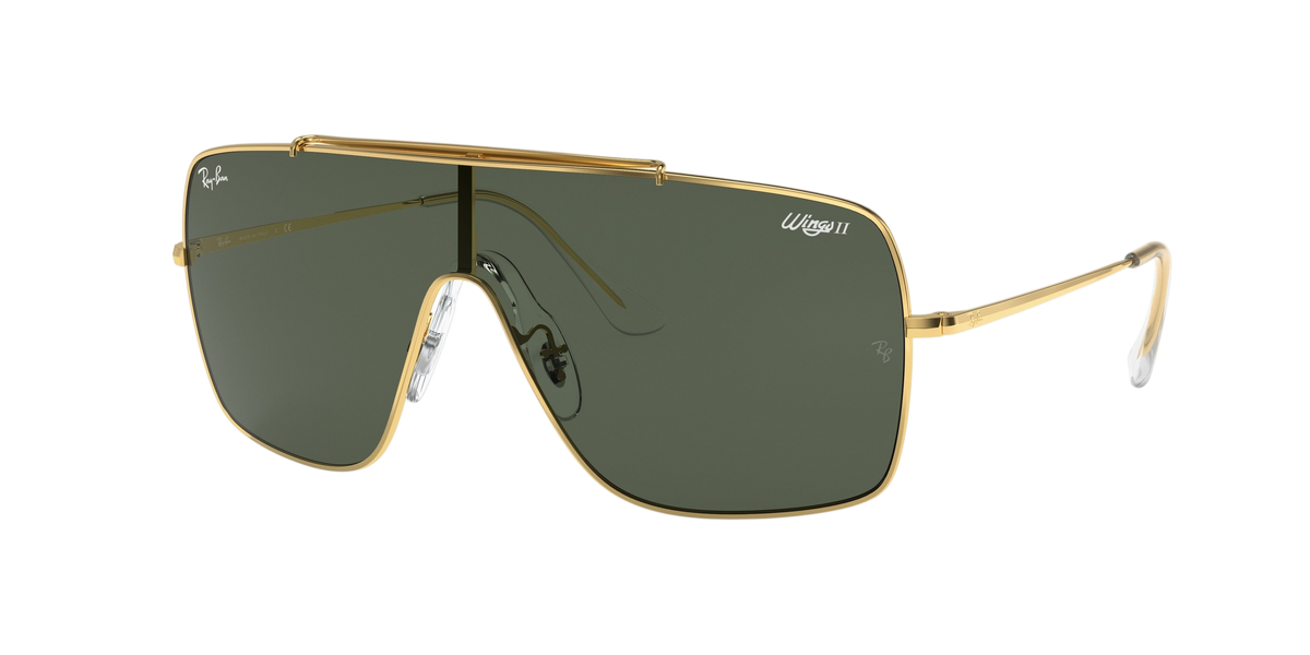 Sunglasses UK Ray-Ban Wings II RB3697 sunglasses with gold metal frame and green shield lens, side view.
