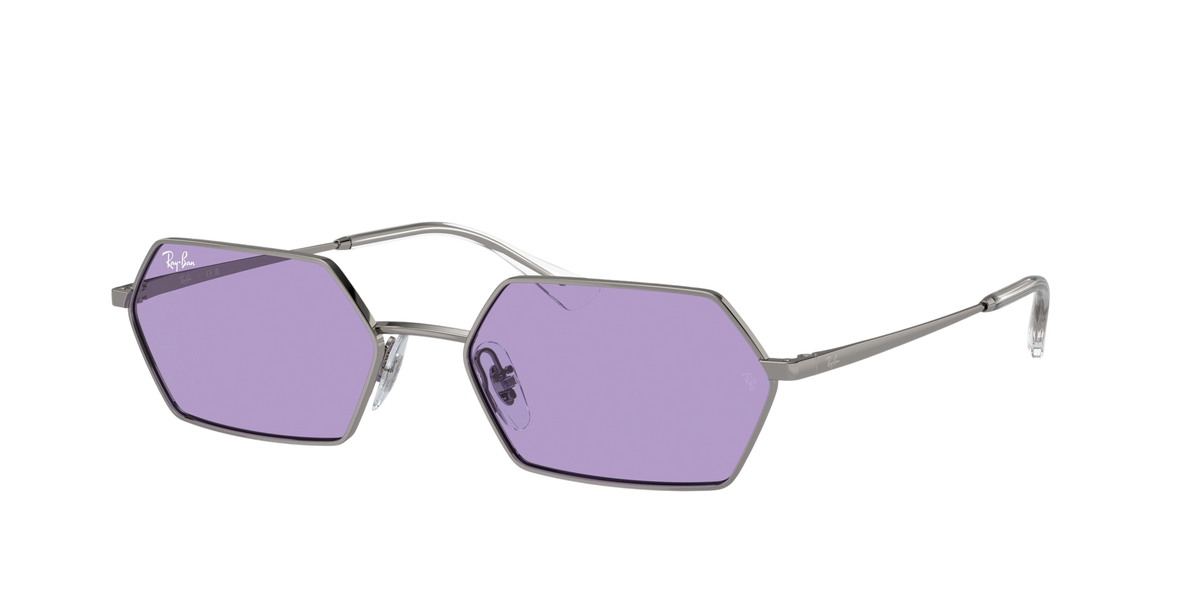 Sunglasses UK Ray-Ban Yevi RB3728 sunglasses with silver metal frames and purple hexagonal lenses