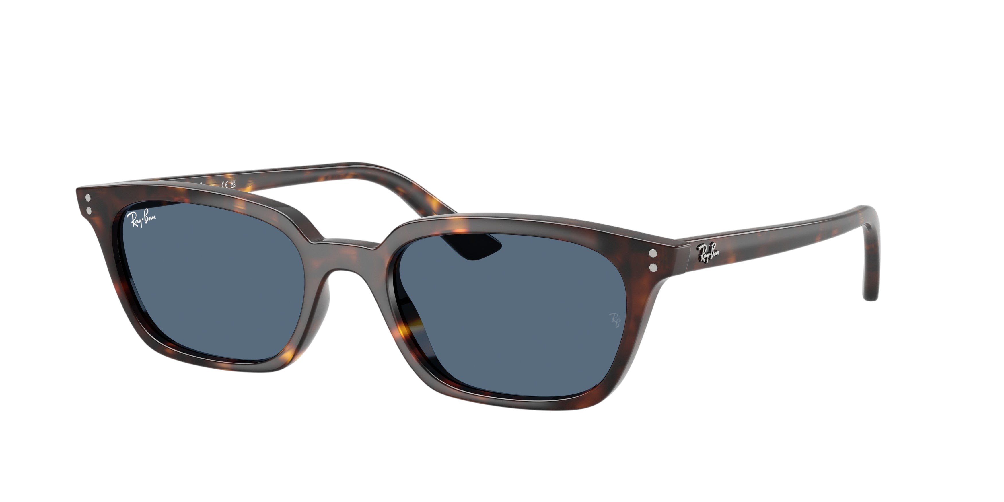 Sunglasses UK Ray-Ban Zaya RB4456 sunglasses in tortoise shell frame with blue lenses, three-quarter view