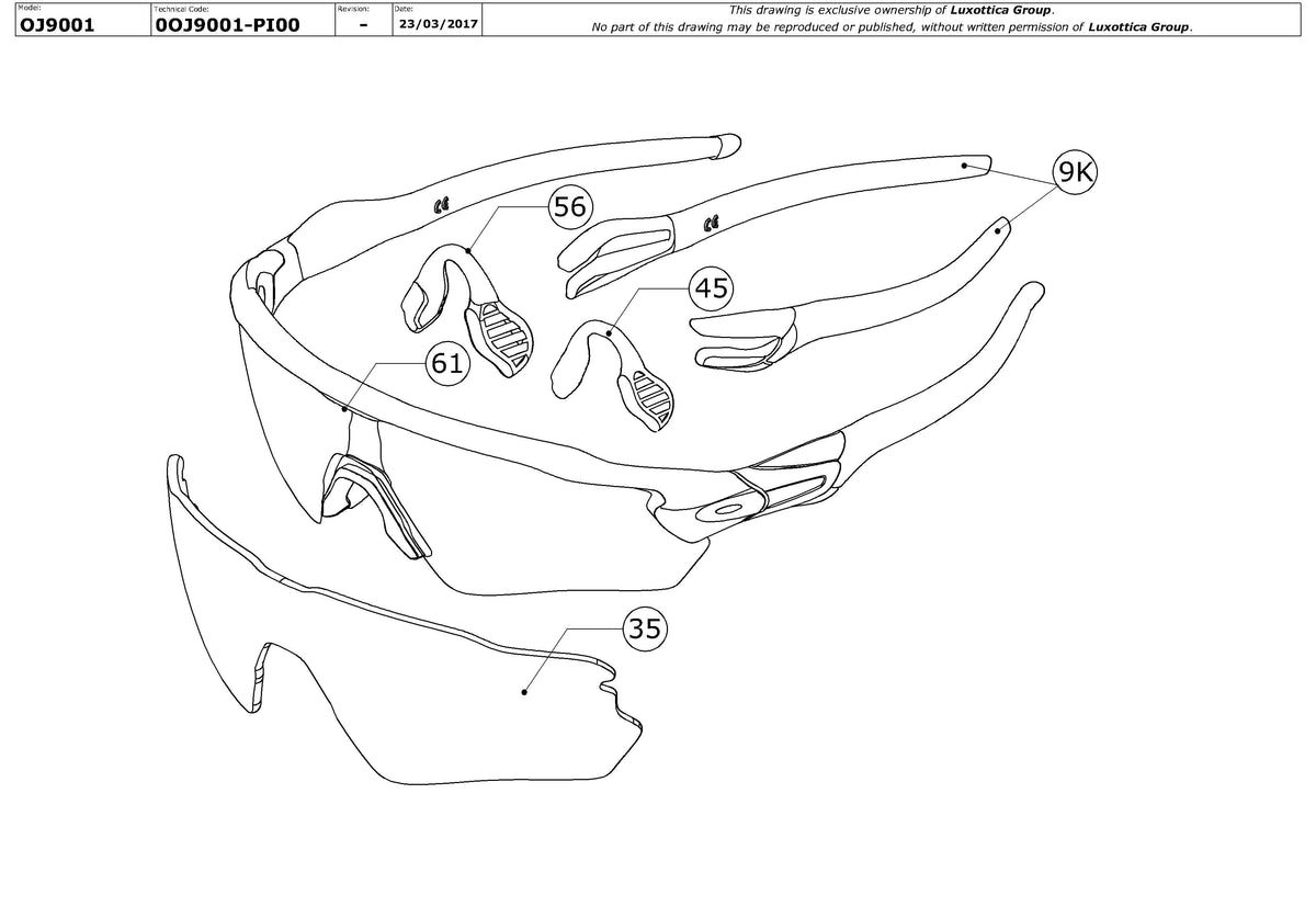 Exploded technical drawing of the Oakley Radar EV XS Path OJ9001 Youth Replacement Parts, with each replacement part numbered