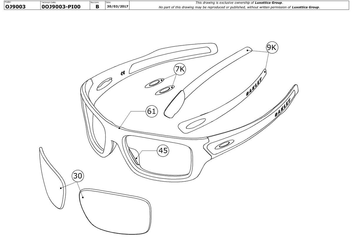 Enlarged technical drawing of the Oakley Turbine XS OJ9003 Youth Replacement Parts