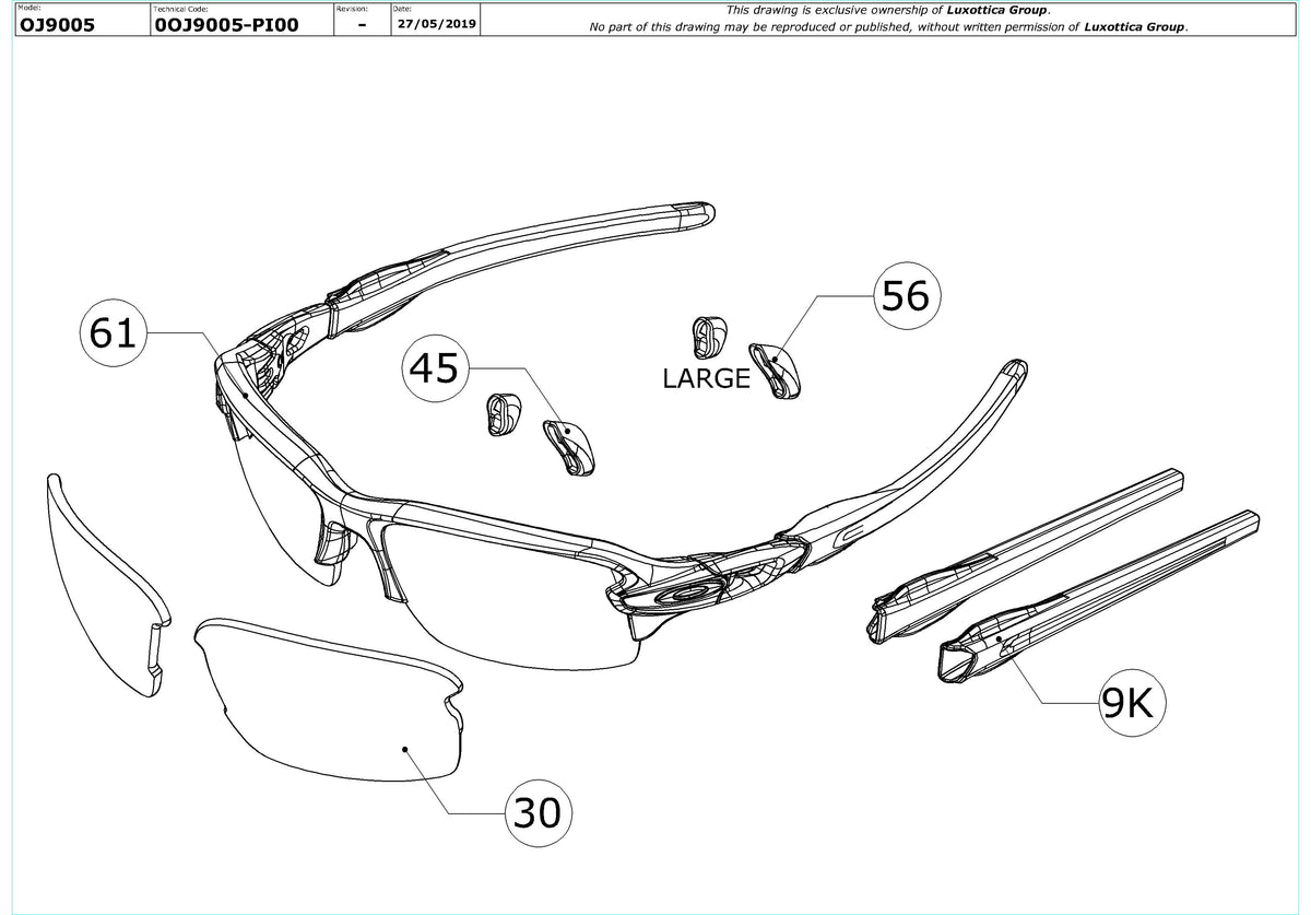 Exploded technical drawing of the Oakley Flak XS OJ9005 Youth Replacement Parts, with each replacement part numbered