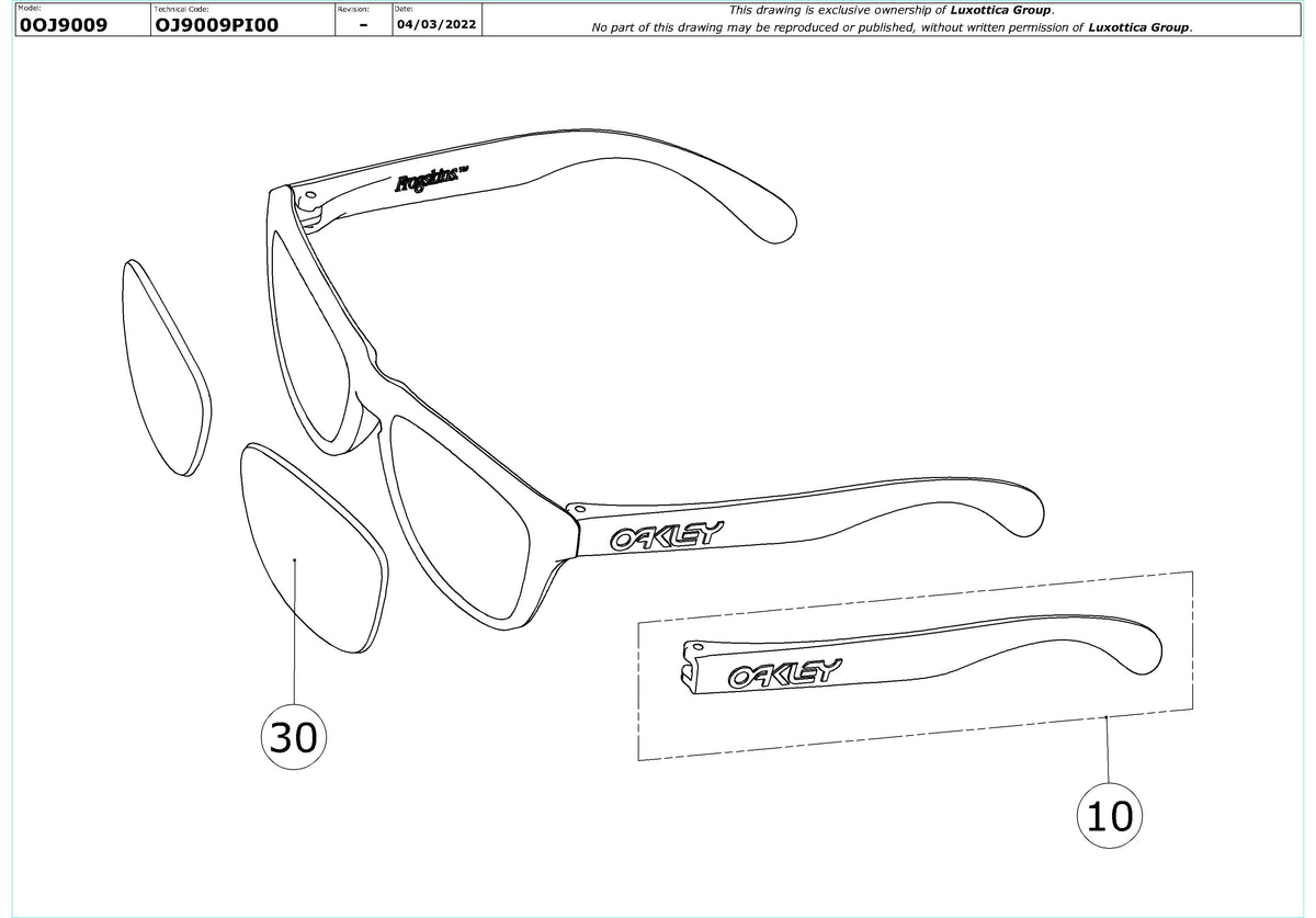 Enlarged technical drawing of the Oakley Frogskins XXS OJ9009 Youth Replacement Parts