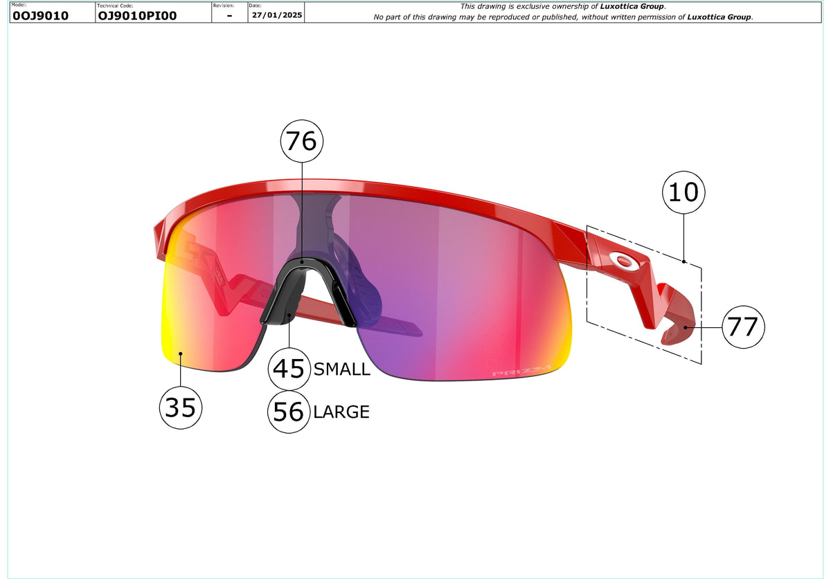 Exploded technical drawing of the Oakley Resistor OJ9010 Youth Replacement Parts, with each replacement part numbered
