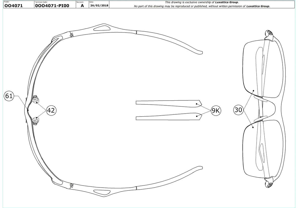 Exploded technical drawing of the Oakley Wiretap OO4071 Replacement Parts, with each replacement part numbered